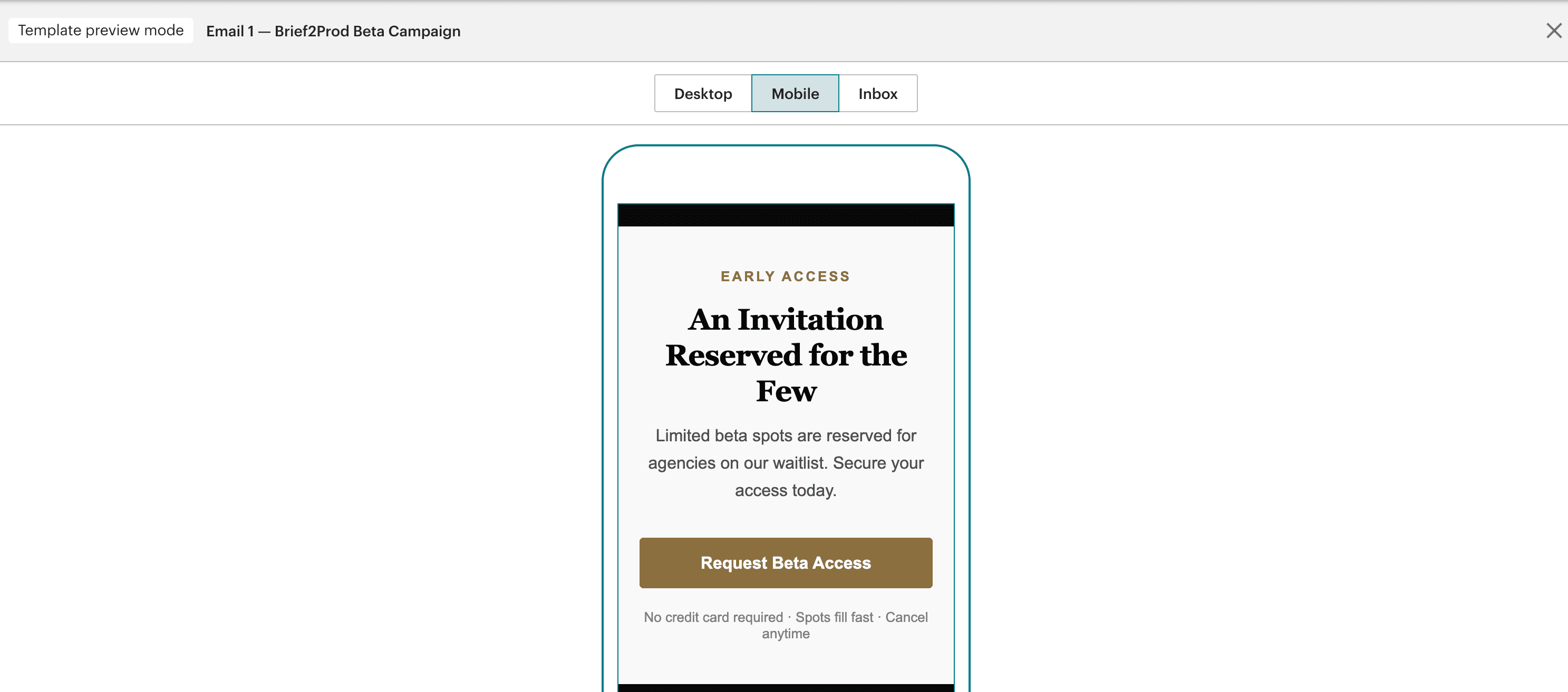 Mailchimp mobile preview of generated email